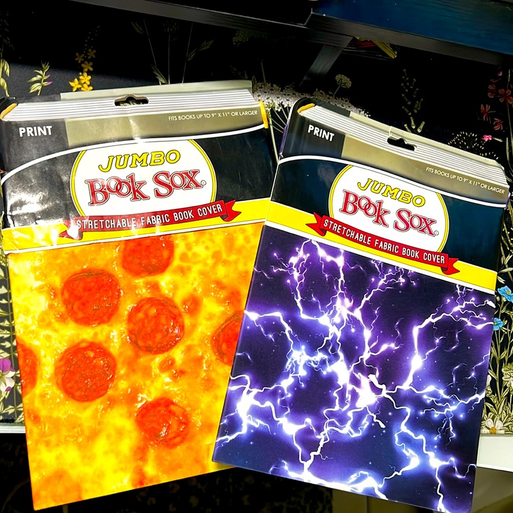 Brand new, never used Jumbo Book Sox Stretchable Fabric Book Covers in fun print
